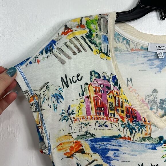 TINTA Lamia Knit V Neck French Sketch Tie Side T- Shirt Off White/Multi Size M - Picture 5 of 8